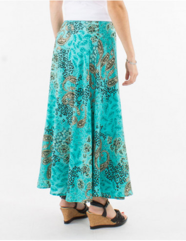 Elegant long flowing skirt with bohemian chic turquoise blue print ideal for summer