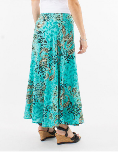 Elegant long flowing skirt with bohemian chic turquoise blue print ideal for summer