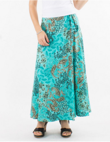 Jupe longue portefeuille à nouer sur la taille féminine chic avec motif boho cachemire argenté bleu turquoise