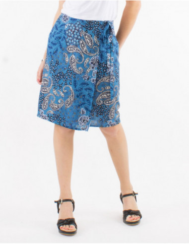 Original short wrap skirt for summer in blue gold paisley print