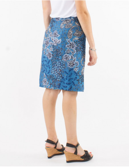 Jupe courte à nouer sur la taille bohème chic motif cachemire chic argenté bleu marine