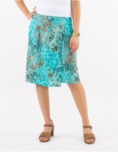 Original short wrap skirt for summer in turquoise blue gold paisley print