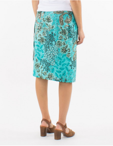 Jupe courte à nouer sur la taille bohème chic motif cachemire chic argenté bleu turquoise