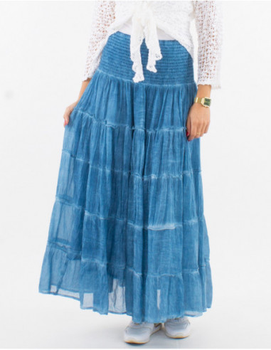 Jupe longue rétro unie délavée bleu indigo avec volant bohème chic