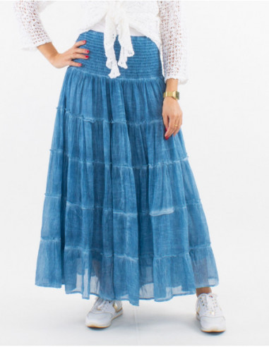 Jupe longue à volants boho confortable pour le printemps unie délavée bleu indigo