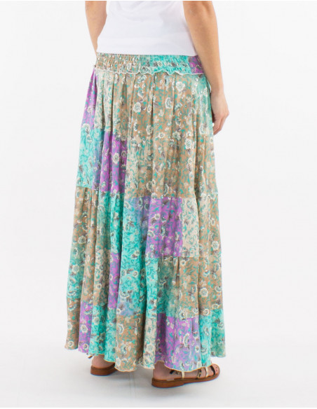 Jupe longue évasée printemps 2023 pour femme à motif bohème pastel fleuri beige