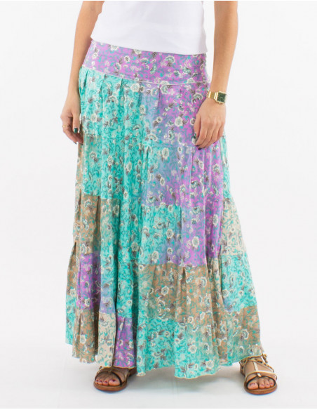 Jupe longue à volant confortable pour femme à motif baba cool pastel floral beige