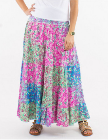 Spring 2023 women's long flared skirt with floral pastel bohemian pattern