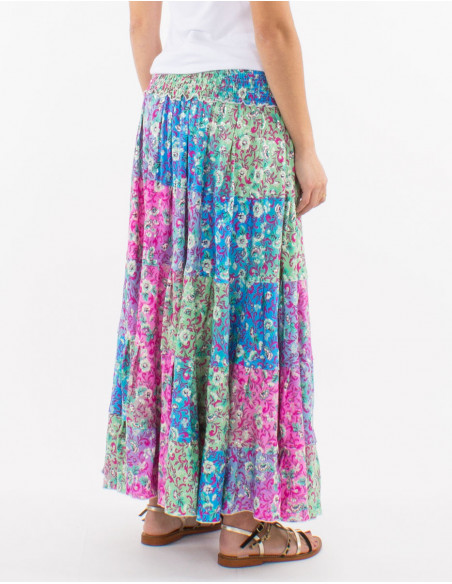 Jupe longue évasée printemps 2023 pour femme à motif bohème pastel fleuri rose