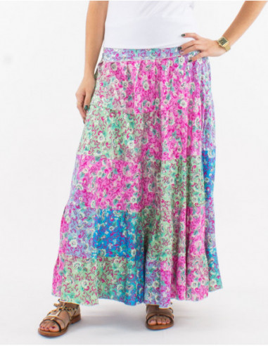 Jupe longue à volant confortable pour femme à motif baba cool pastel floral rose