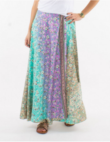 Original long wrap skirt for summer in pastel flowery print beige