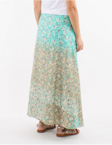 Jupe longue fluide légère à nouer sur la taille bohème chic motif pastel floral beige