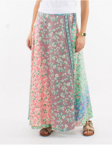 Original long wrap skirt for summer in pastel flowery print mint green