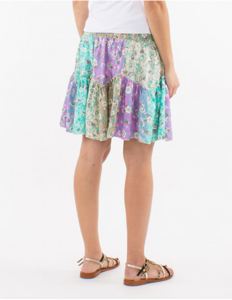 Short summer skirt with pastel bohemian ruffles small flowers pink