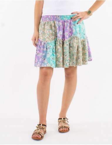 Short boho skirt ruffled for spring with original pastel pink flower print