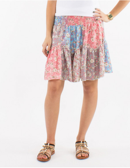 Short boho skirt ruffled for spring with original pastel pink flower print salmon