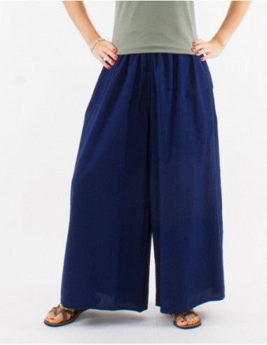 Pantalon large en coton confortable pour femme uni basique bleu marine