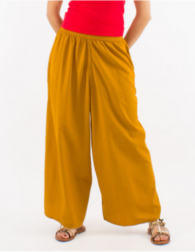 Pantalon large en coton confortable pour femme uni basique jaune moutarde