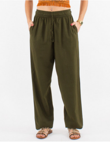 Women's khaki green cotton top and basic straight pants look