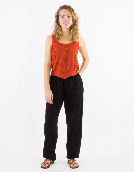 Look top et pantalon droit basique en coton uni noir pour femme