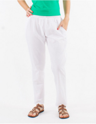 Pantalon femme en coton basique pour l'été coupe droite uni blanc