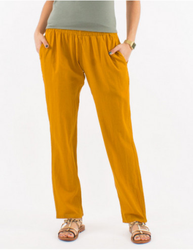 Pantalon femme en coton basique pour l'été coupe droite uni jaune moutarde