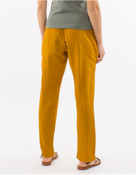 Pantalon droit en coton pour le printemps uni basique jaune moutarde