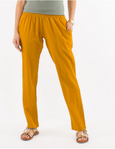 Pantalon droit simple d'été avec poches uni basique jaune moutarde pour femme