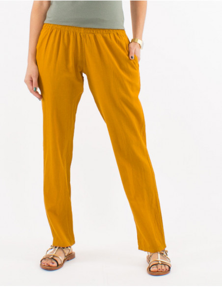 Women's basic straight summer pants with pockets in yellow mustard