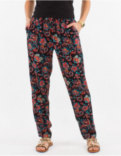 Pantalon fin estival pour femme avec poches et motifs baba cool fleuri