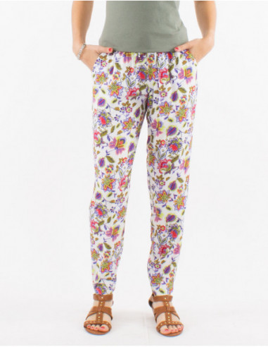 Basic lightweight flowing pants for women with white boho flowers