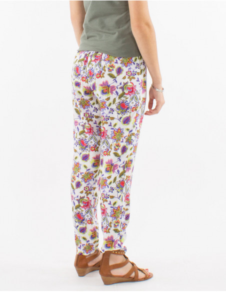 Pantalon léger d'été original boho à fleurs blanches