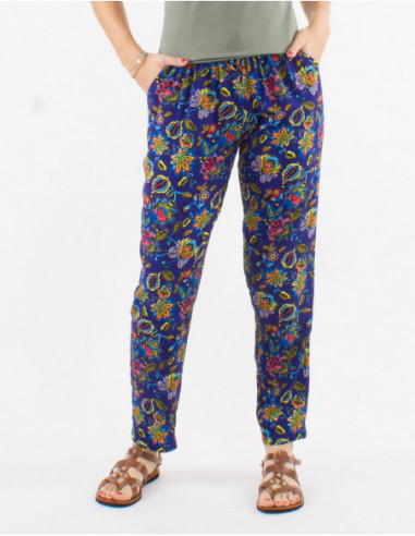 Basic lightweight flowing pants for women with navy blue boho flowers