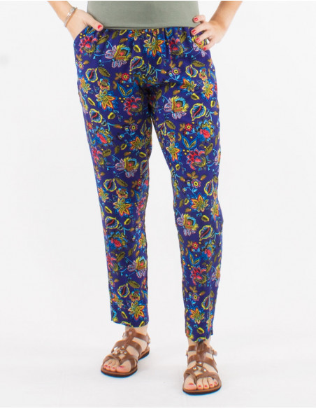Pantalon fin estival pour femme avec poches et motifs baba cool fleuri bleu marine