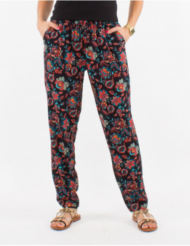 Pantalon fluide léger basique pour femme à motifs fleurs boho noir