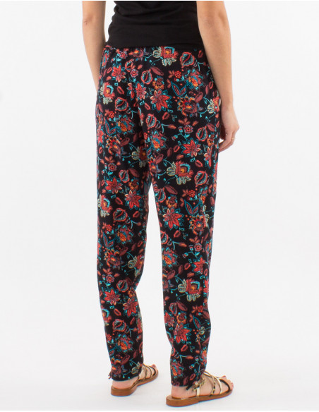 Pantalon léger d'été original boho à fleurs noires