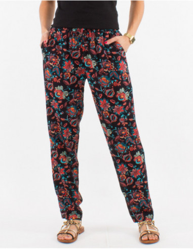 Women's summer thin pants with pockets and black floral baba cool patterns