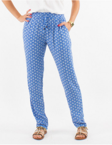 Summer flowing pants for women with blue geometric print