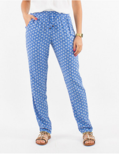 Pantalon léger d'été pour femme à imprimé géométrique bleu