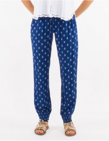 Pantalon fluide avec poches et smocks confortable à imprimé bohème chic bleu marine