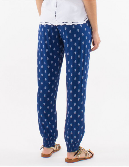 Lightweight boho chic women's summer pants in navy blue with gold paisley print