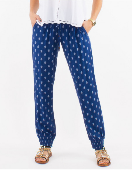 Women's navy blue straight pants light original bohemian chic with golden patterns