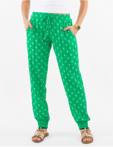 Pantalon fluide avec poches et smocks confortable à imprimé bohème chic vert