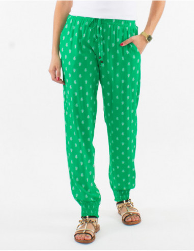 Pantalon droit vert femme léger original bohème chic à motifs dorés