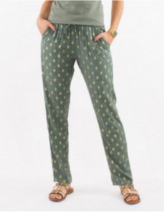 Pantalon léger pour l'été à poches imprimé boho feuilles dorés pour femme