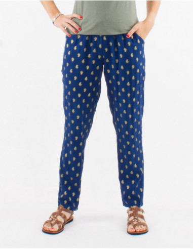 Women's gold leaf print straight navy blue pants for summer
