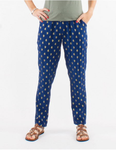 Women's gold leaf print straight navy blue pants for summer