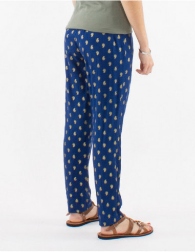 Pantalon bleu marine léger pour l'été à poches imprimé boho feuilles dorés pour femme