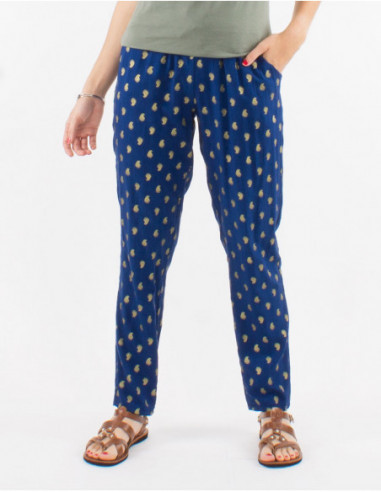 Women's comfortable navy blue cotton summer boho pants with golden leaves