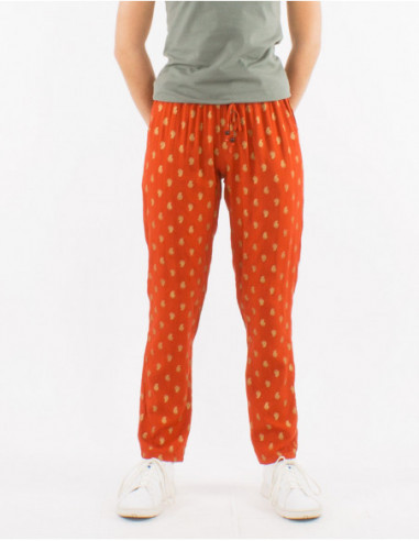 Women's comfortable cotton summer boho pants with golden leaves